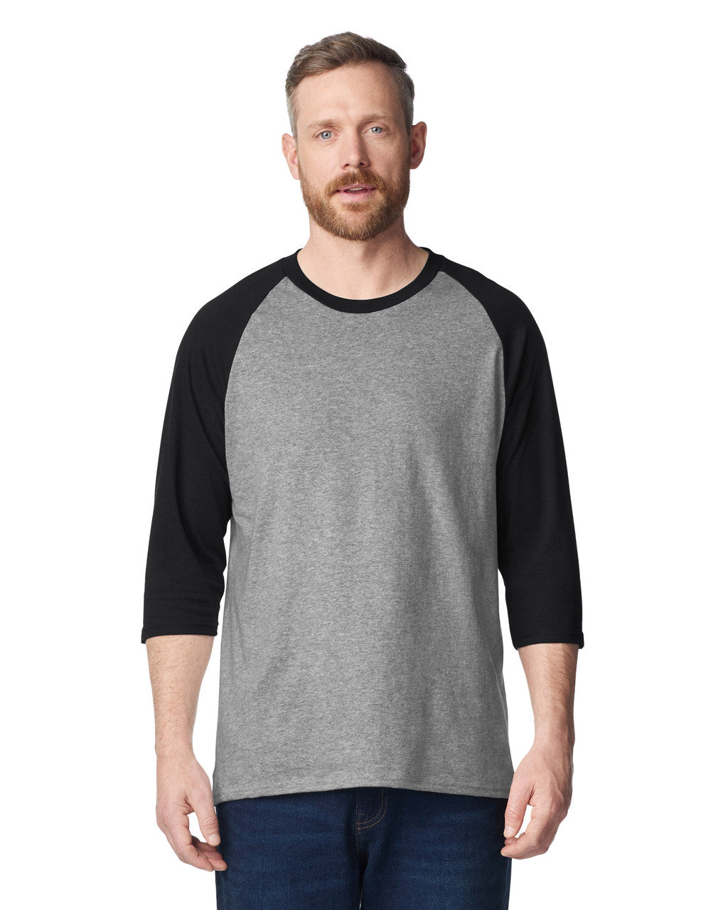 Gildan 5700 Unisex Heavy Cotton Raglan Three-Quarter Sleeve T-Shirt - Sport Grey/ Black - model front