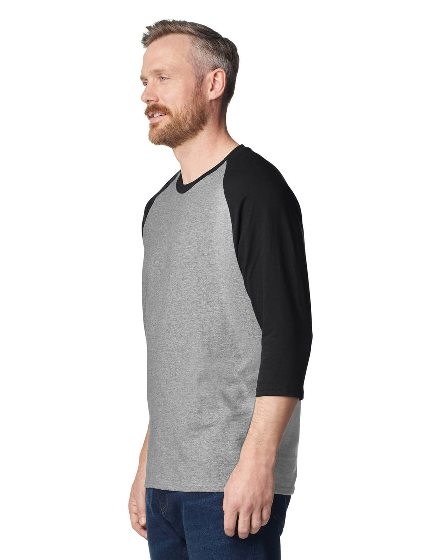 Gildan 5700 Unisex Heavy Cotton Raglan Three-Quarter Sleeve T-Shirt - Sport Grey/ Black - model side