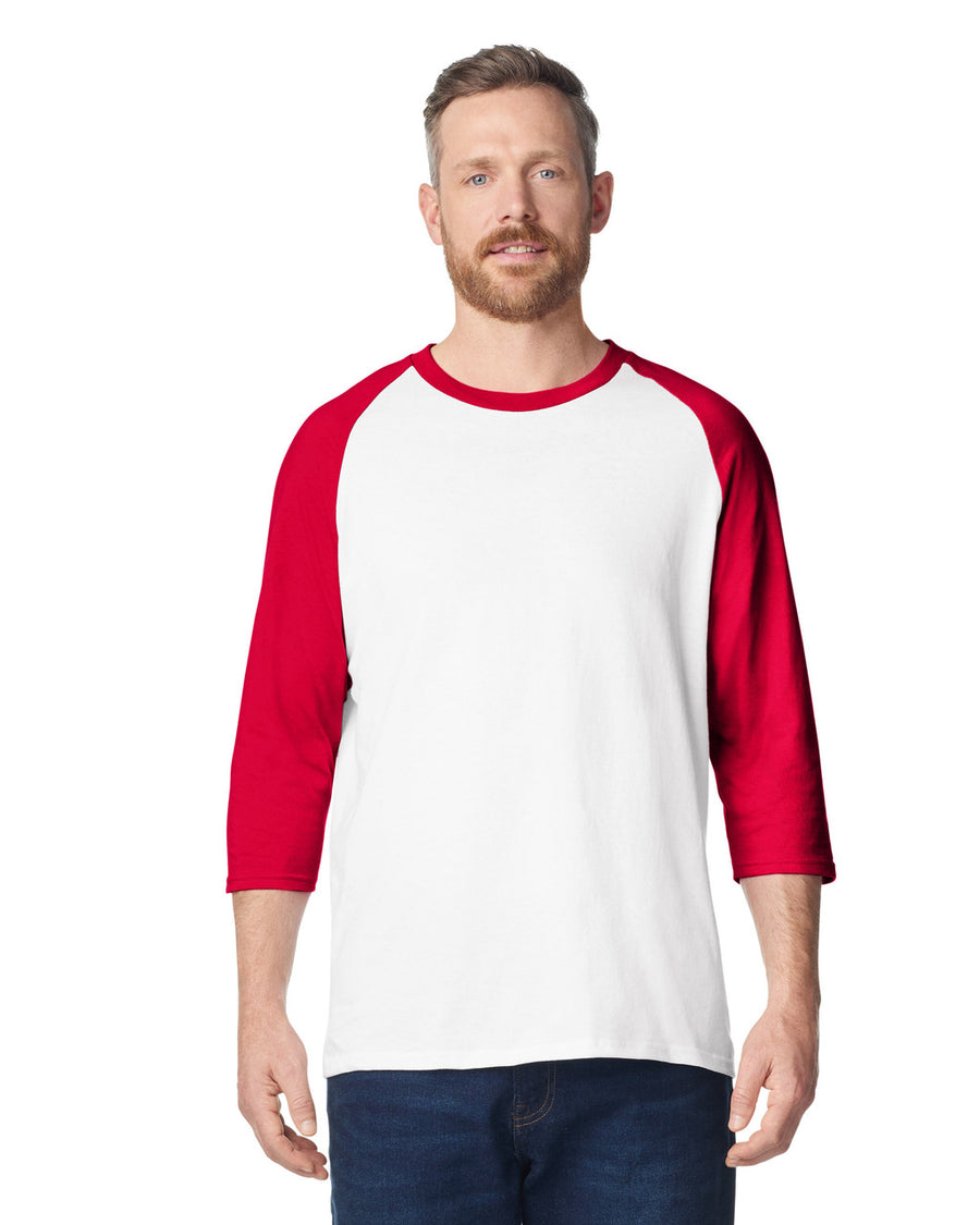 Gildan 5700 Unisex Heavy Cotton Raglan Three-Quarter Sleeve T-Shirt - White/ Red - model front