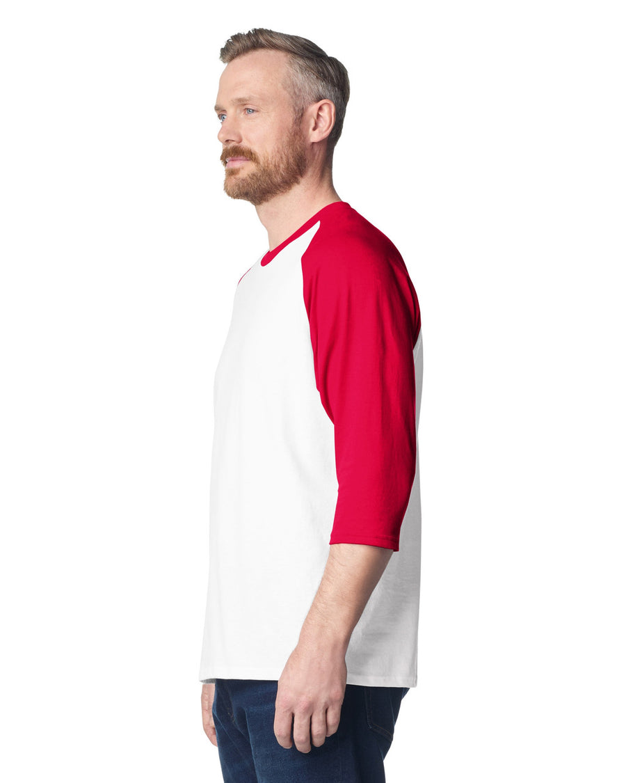 Gildan 5700 Unisex Heavy Cotton Raglan Three-Quarter Sleeve T-Shirt - White/ Red - model side