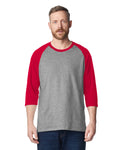 Gildan 5700 Unisex Heavy Cotton Raglan Three-Quarter Sleeve T-Shirt - Sport Grey/ Red - model front