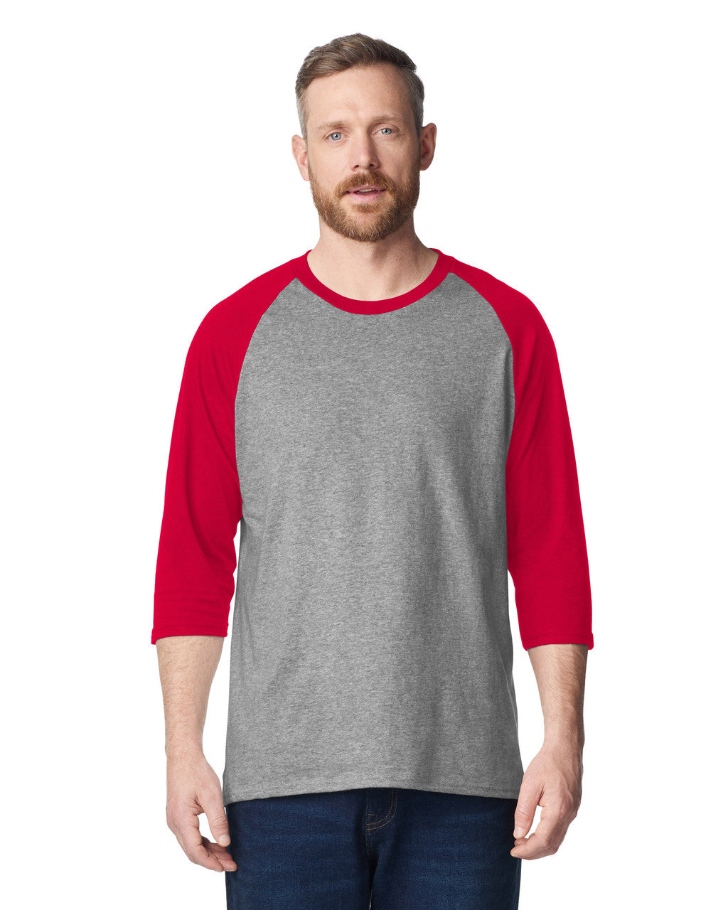 Gildan 5700 Unisex Heavy Cotton Raglan Three-Quarter Sleeve T-Shirt - Sport Grey/ Red - model front