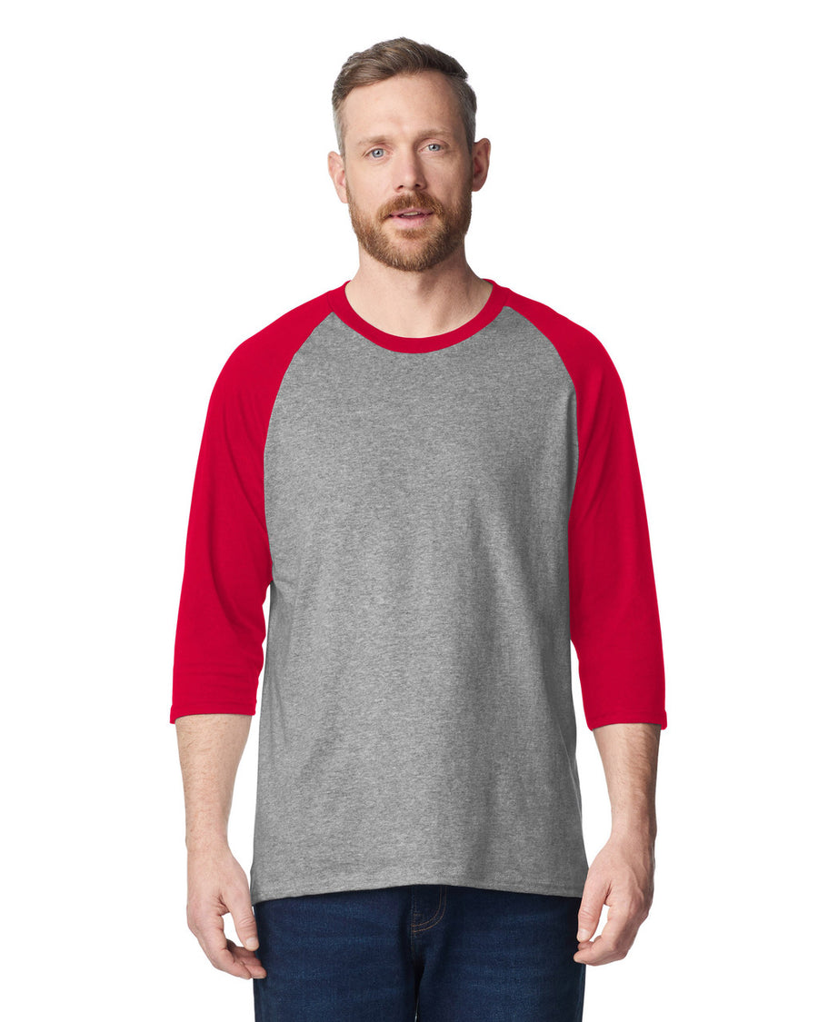 Gildan 5700 Unisex Heavy Cotton Raglan Three-Quarter Sleeve T-Shirt - Sport Grey/ Red - model front