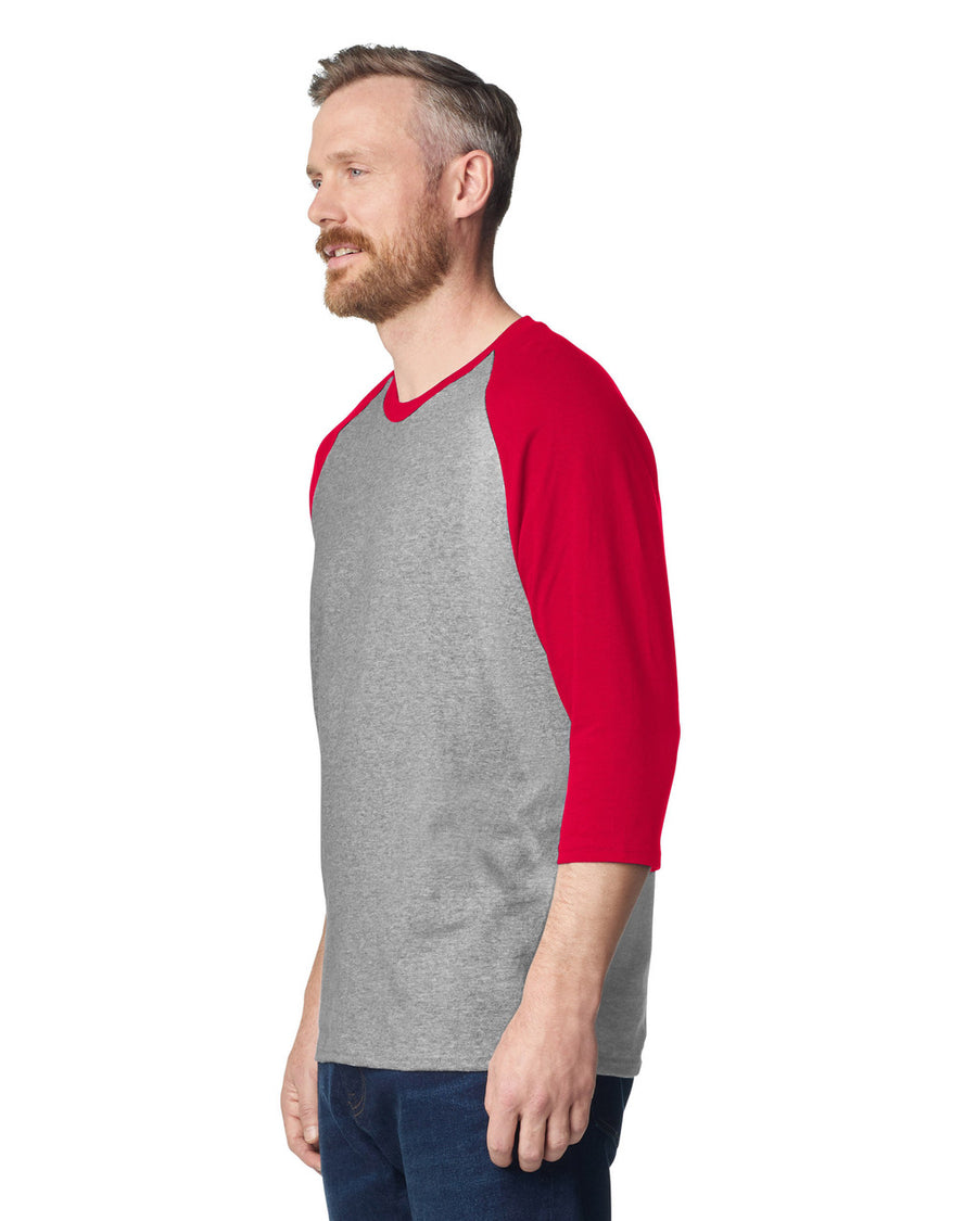 Gildan 5700 Unisex Heavy Cotton Raglan Three-Quarter Sleeve T-Shirt - Sport Grey/ Red - model side