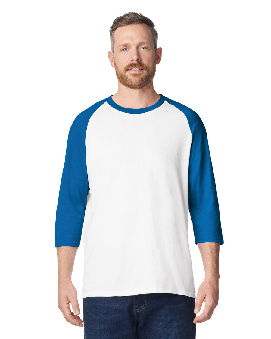 Gildan 5700 Unisex Heavy Cotton Raglan Three-Quarter Sleeve T-Shirt - White/ Royal - model front