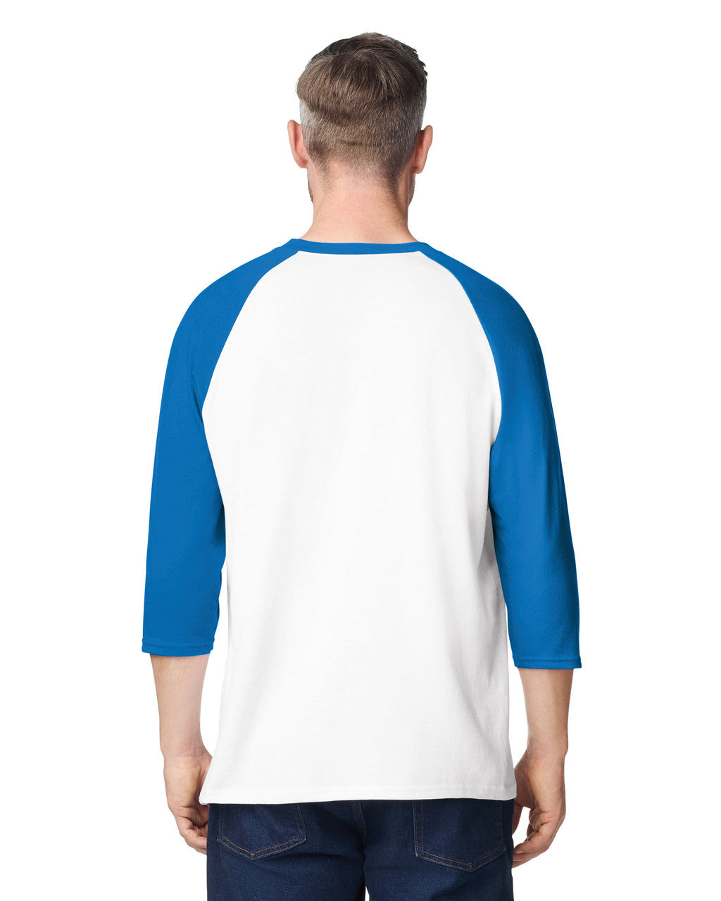Gildan 5700 Unisex Heavy Cotton Raglan Three-Quarter Sleeve T-Shirt - White/ Royal - model back