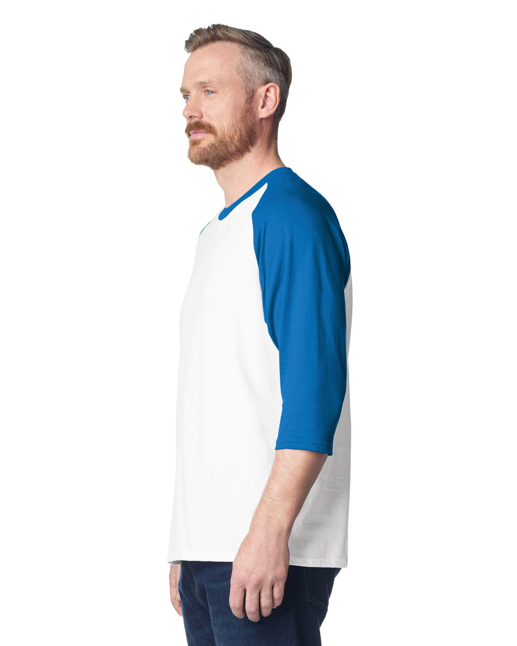 Gildan 5700 Unisex Heavy Cotton Raglan Three-Quarter Sleeve T-Shirt - White/ Royal - model side