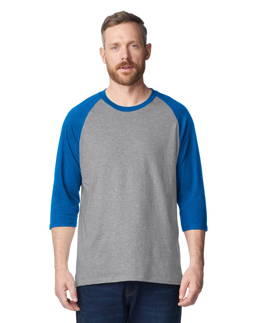Gildan 5700 Unisex Heavy Cotton Raglan Three-Quarter Sleeve T-Shirt - Sport Grey/ Royal - model front