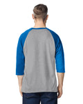 Gildan 5700 Unisex Heavy Cotton Raglan Three-Quarter Sleeve T-Shirt - Sport Grey/ Royal - model back