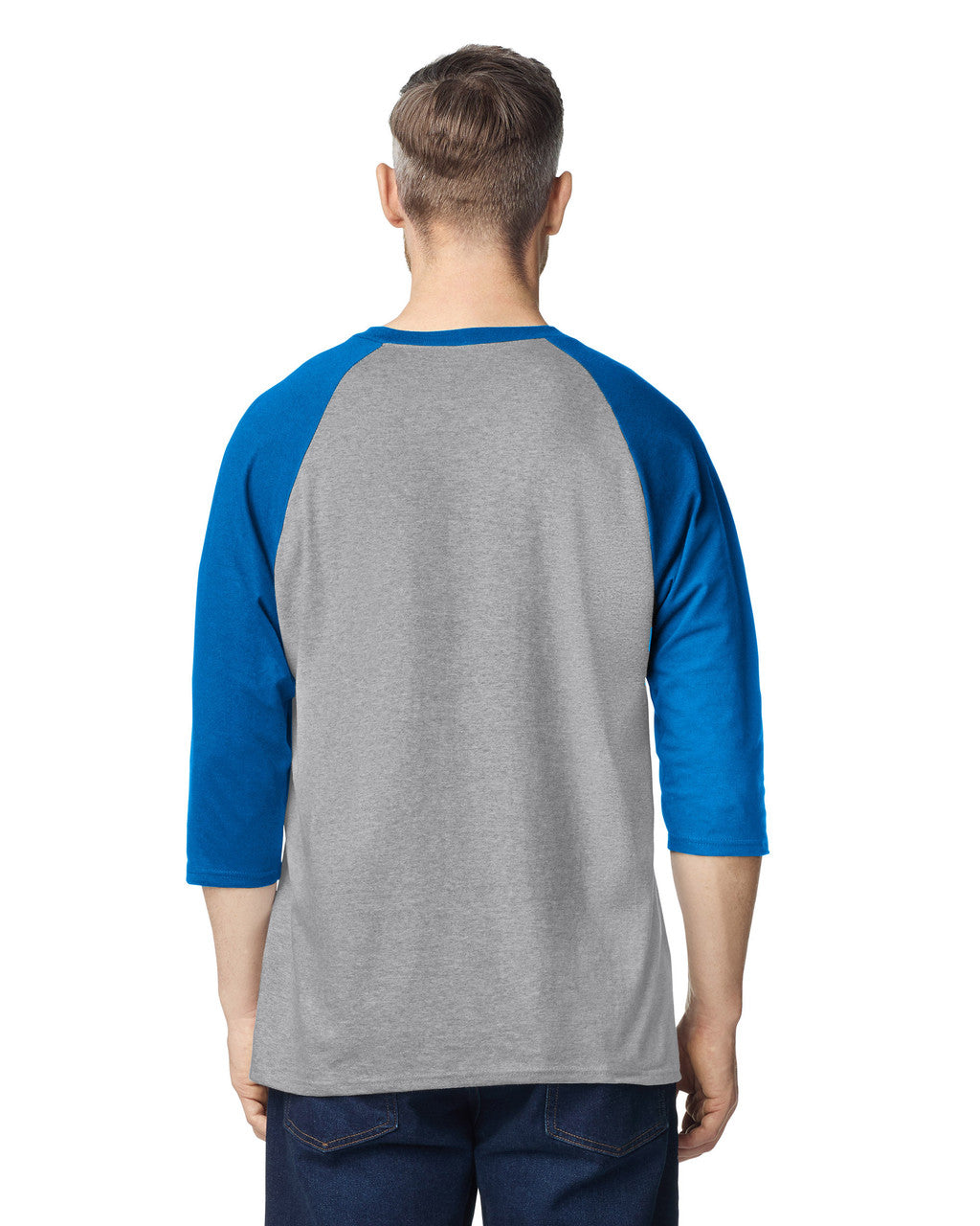 Gildan 5700 Unisex Heavy Cotton Raglan Three-Quarter Sleeve T-Shirt - Sport Grey/ Royal - model back