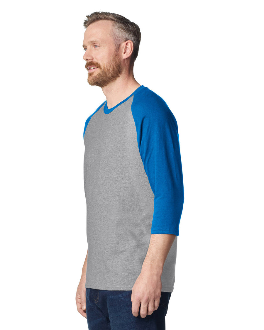 Gildan 5700 Unisex Heavy Cotton Raglan Three-Quarter Sleeve T-Shirt - Sport Grey/ Royal - model side