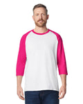 Gildan 5700 Unisex Heavy Cotton Raglan Three-Quarter Sleeve T-Shirt - White/ Heliconia - model front