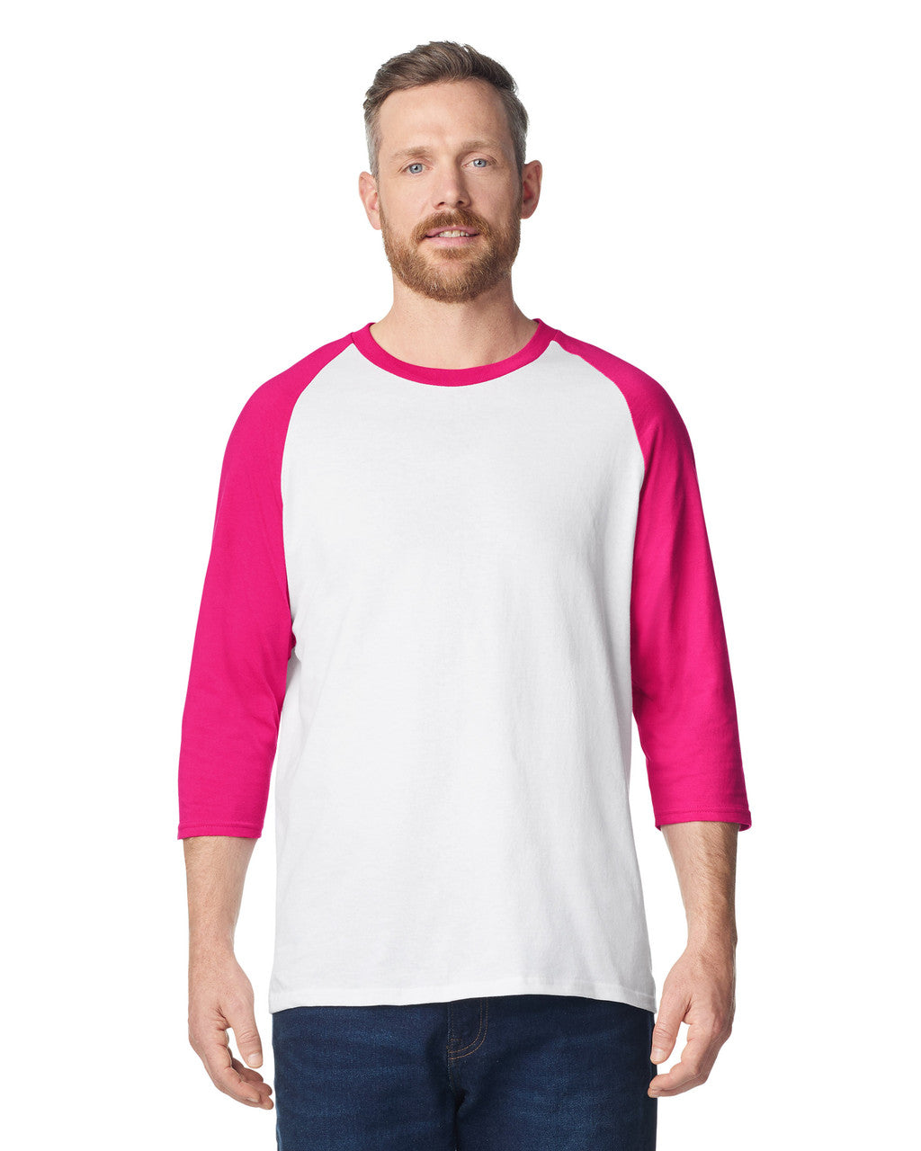 Gildan 5700 Unisex Heavy Cotton Raglan Three-Quarter Sleeve T-Shirt - White/ Heliconia - model front