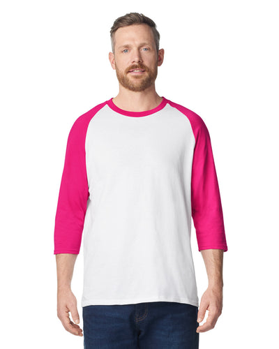 Gildan 5700 Unisex Heavy Cotton Raglan Three-Quarter Sleeve T-Shirt - White/ Heliconia - model front
