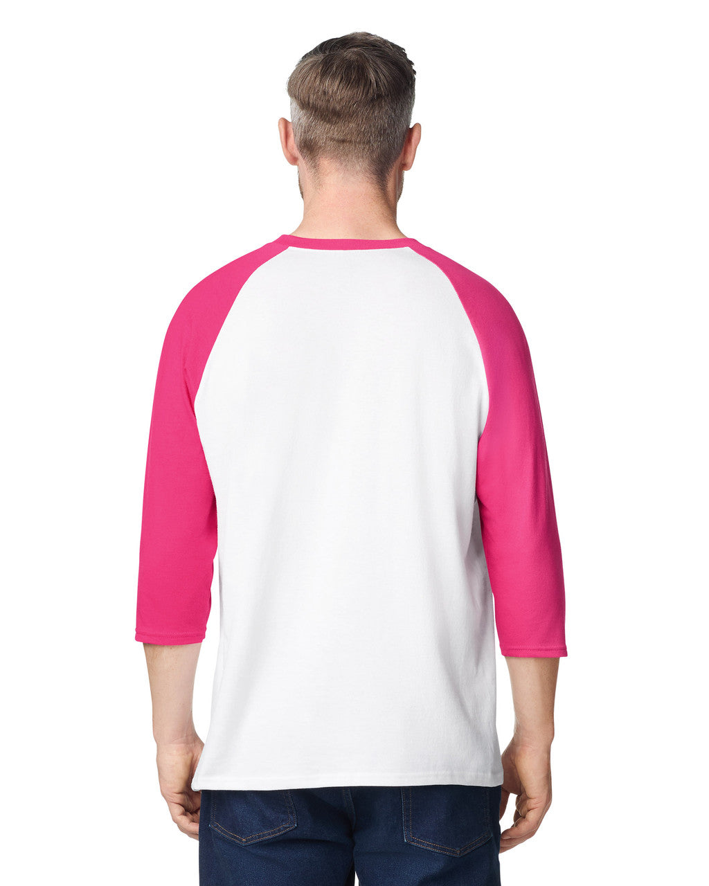 Gildan 5700 Unisex Heavy Cotton Raglan Three-Quarter Sleeve T-Shirt - White/ Heliconia - model back