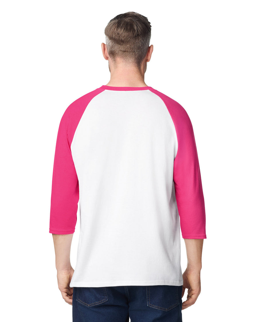 Gildan 5700 Unisex Heavy Cotton Raglan Three-Quarter Sleeve T-Shirt - White/ Heliconia - model back