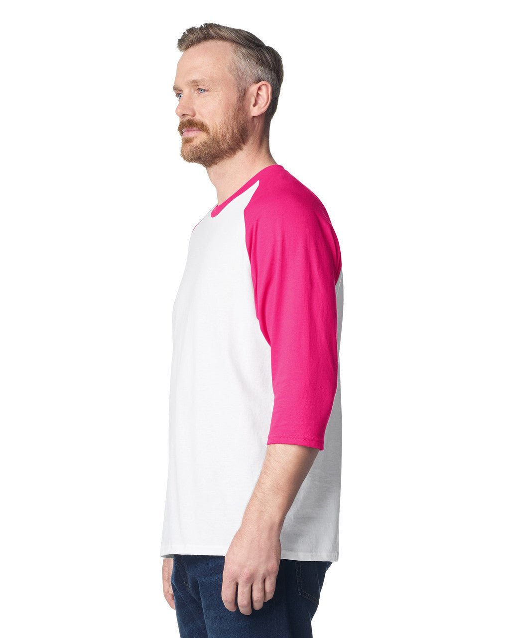 Gildan 5700 Unisex Heavy Cotton Raglan Three-Quarter Sleeve T-Shirt - White/ Heliconia - model side