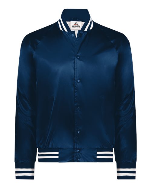 Augusta Sportswear 3610 Unisex Satin Baseball Jacket Striped Trim - Navy/ White - front