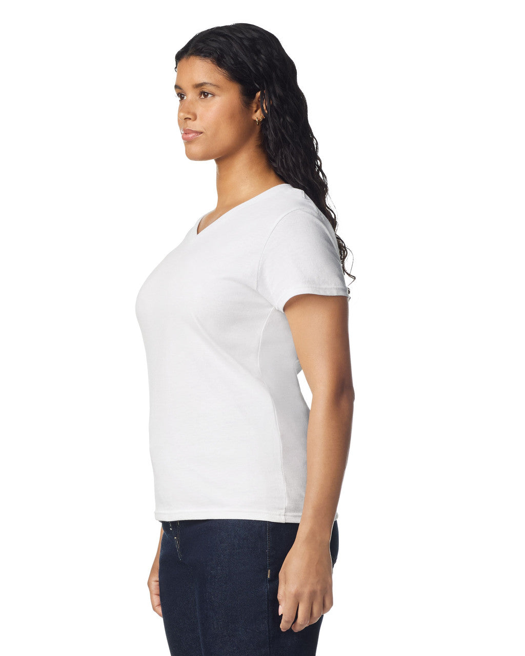 Gildan 5V00L Women's Heavy Cotton V-Neck T-Shirt - White - model side