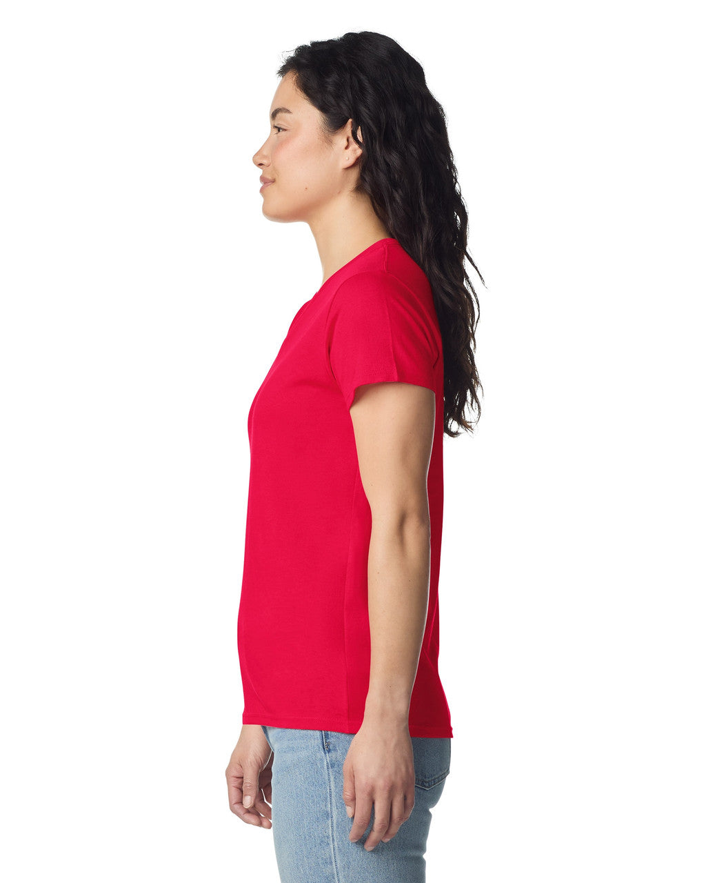 Gildan 5V00L Women's Heavy Cotton V-Neck T-Shirt - Red - model side