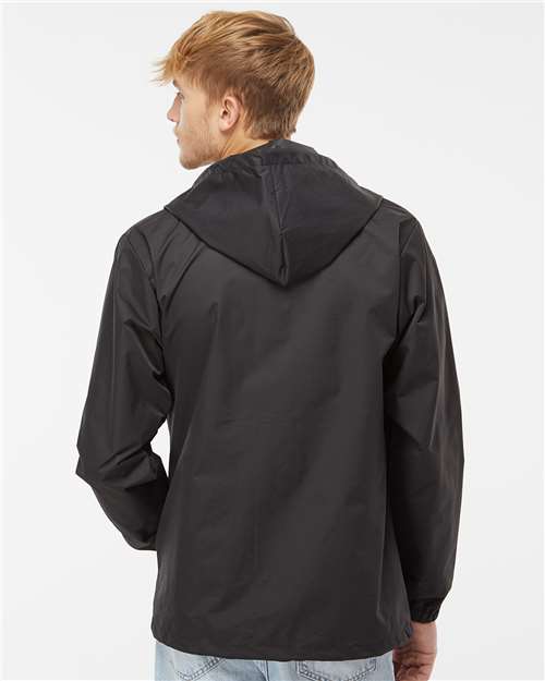 Independent Trading Co. EXP95NB Men's Water-Resistant Hooded Windbreaker - Black/ Black - model back