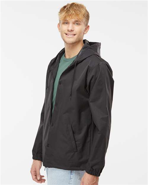 Independent Trading Co. EXP95NB Men's Water-Resistant Hooded Windbreaker - Black/ Black - model side