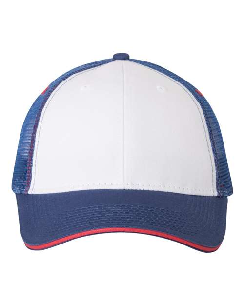 Valucap S102 Sandwich Trucker Cap - White/ Royal/ Red - front