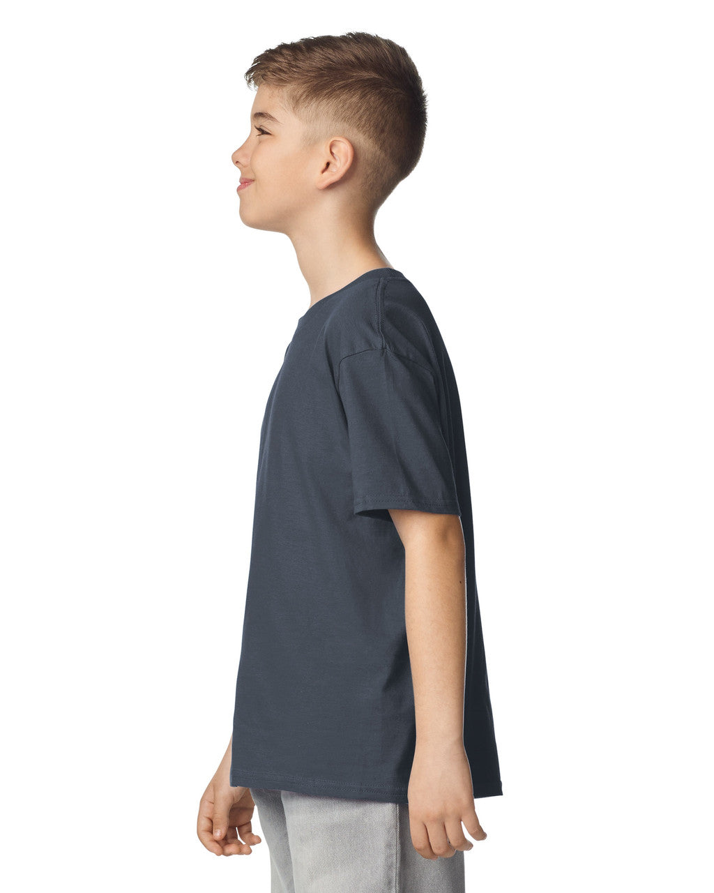 Gildan 64000B Youth Softstyle T-Shirt - Dark Heather - model side