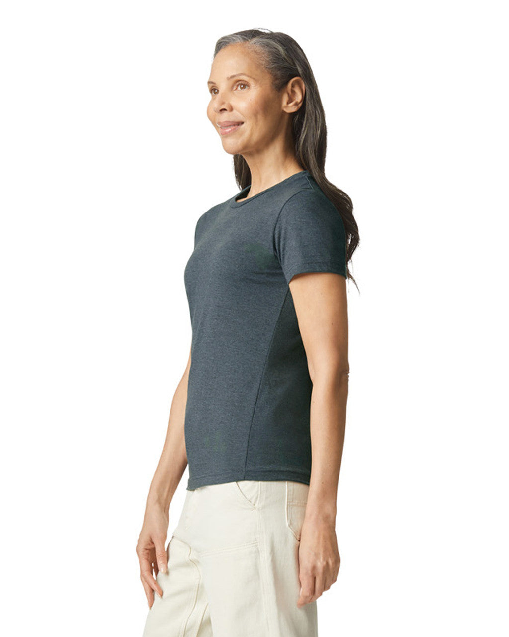 Gildan 64000L Women's Softstyle T-Shirt - Dark Heather - model side