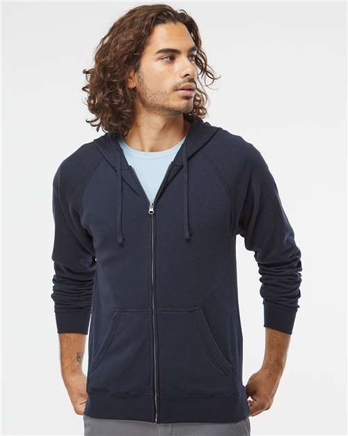 Independent Trading Co. PRM33SBZ Unisex Special Blend Raglan Full-Zip Hooded Sweatshirt - Classic Navy - model front