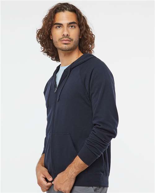 Independent Trading Co. PRM33SBZ Unisex Special Blend Raglan Full-Zip Hooded Sweatshirt - Classic Navy - model side