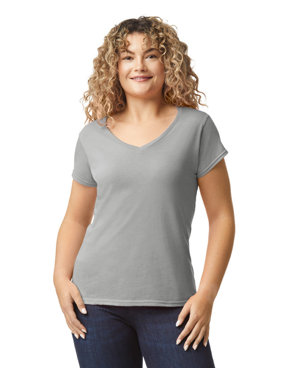 Gildan 64V00L Women's Softstyle V-Neck T-Shirt - Sport Grey - model front