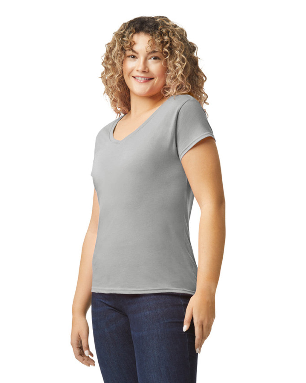 Gildan 64V00L Women's Softstyle V-Neck T-Shirt - Sport Grey - model side