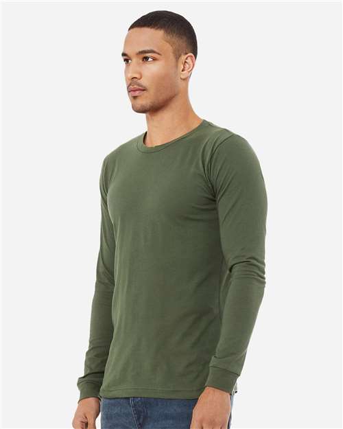 Bella+Canvas 3501 Unisex Jersey Long Sleeve Tee - Military Green - model side