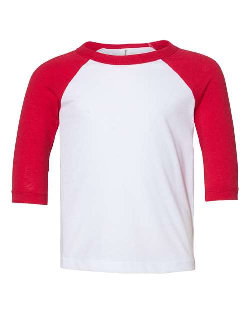 BELLA + CANVAS 3200T Toddler Three-Quarter Sleeve Baseball Tee - White/ Red - front