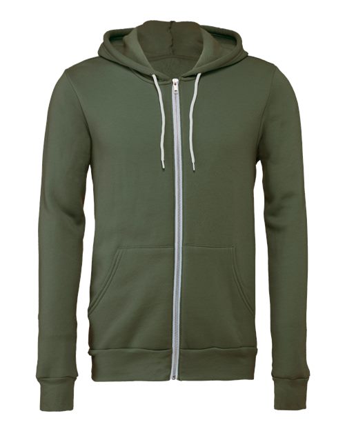 Bella + Canvas 3739 Sponge Fleece Full-Zip Hoodie Sweatshirt - Military Green - flat front