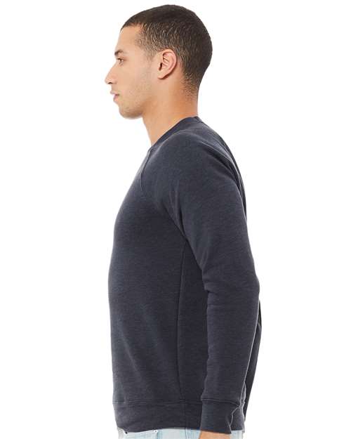 BELLA + CANVAS 3901 Unisex Sponge Fleece Raglan Crewneck Sweatshirt - Heather Navy - model side
