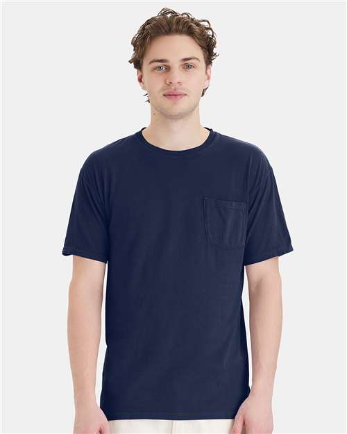 Hanes GDH150 Unisex Garment-Dyed Pocket T-Shirt - Navy - model front