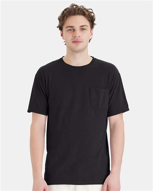 Hanes GDH150 Unisex Garment-Dyed Pocket T-Shirt - Black - model front