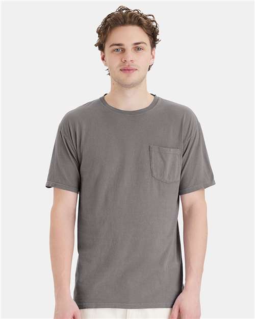Hanes GDH150 Unisex Garment-Dyed Pocket T-Shirt - Concrete Grey - model front