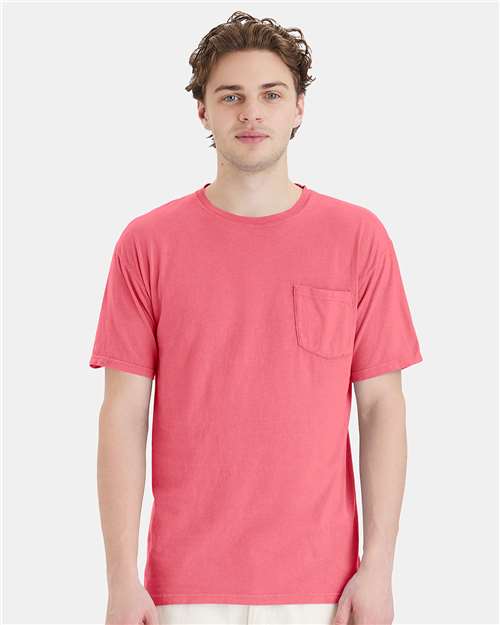 Hanes GDH150 Unisex Garment-Dyed Pocket T-Shirt - Coral Craze - model front