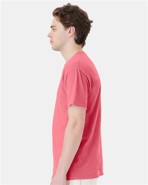 Hanes GDH150 Unisex Garment-Dyed Pocket T-Shirt - Coral Craze - model side