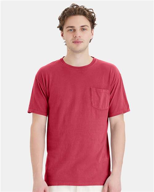 Hanes GDH150 Unisex Garment-Dyed Pocket T-Shirt - Crimson Fall - model front
