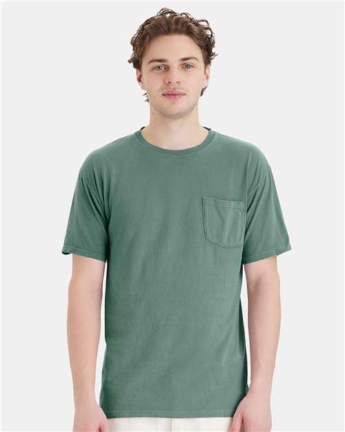 Hanes GDH150 Unisex Garment-Dyed Pocket T-Shirt - Cypress Green - model front