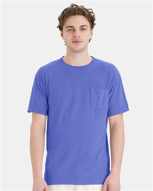 Hanes GDH150 Unisex Garment-Dyed Pocket T-Shirt - Deep Forte Blue - model front