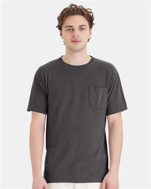 Hanes GDH150 Unisex Garment-Dyed Pocket T-Shirt - New Railroad Grey - model front
