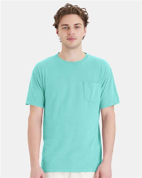 Hanes GDH150 Unisex Garment-Dyed Pocket T-Shirt - Mint - model front