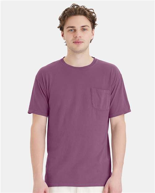 Hanes GDH150 Unisex Garment-Dyed Pocket T-Shirt - Purple Plum Raisin - model front