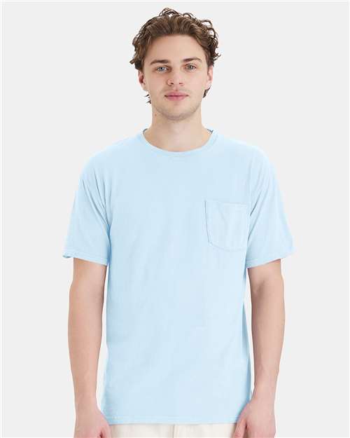 Hanes GDH150 Unisex Garment-Dyed Pocket T-Shirt - Soothing Blue - model front