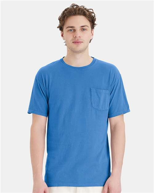 Hanes GDH150 Unisex Garment-Dyed Pocket T-Shirt - Summer Sky Blue - model front